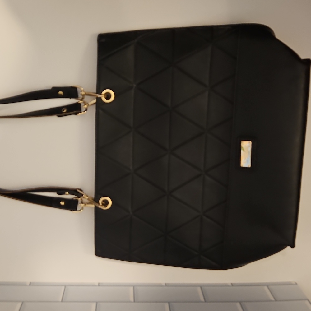 Faux leather Quilted Bebe Stylish Black Handbag- Gold Accents